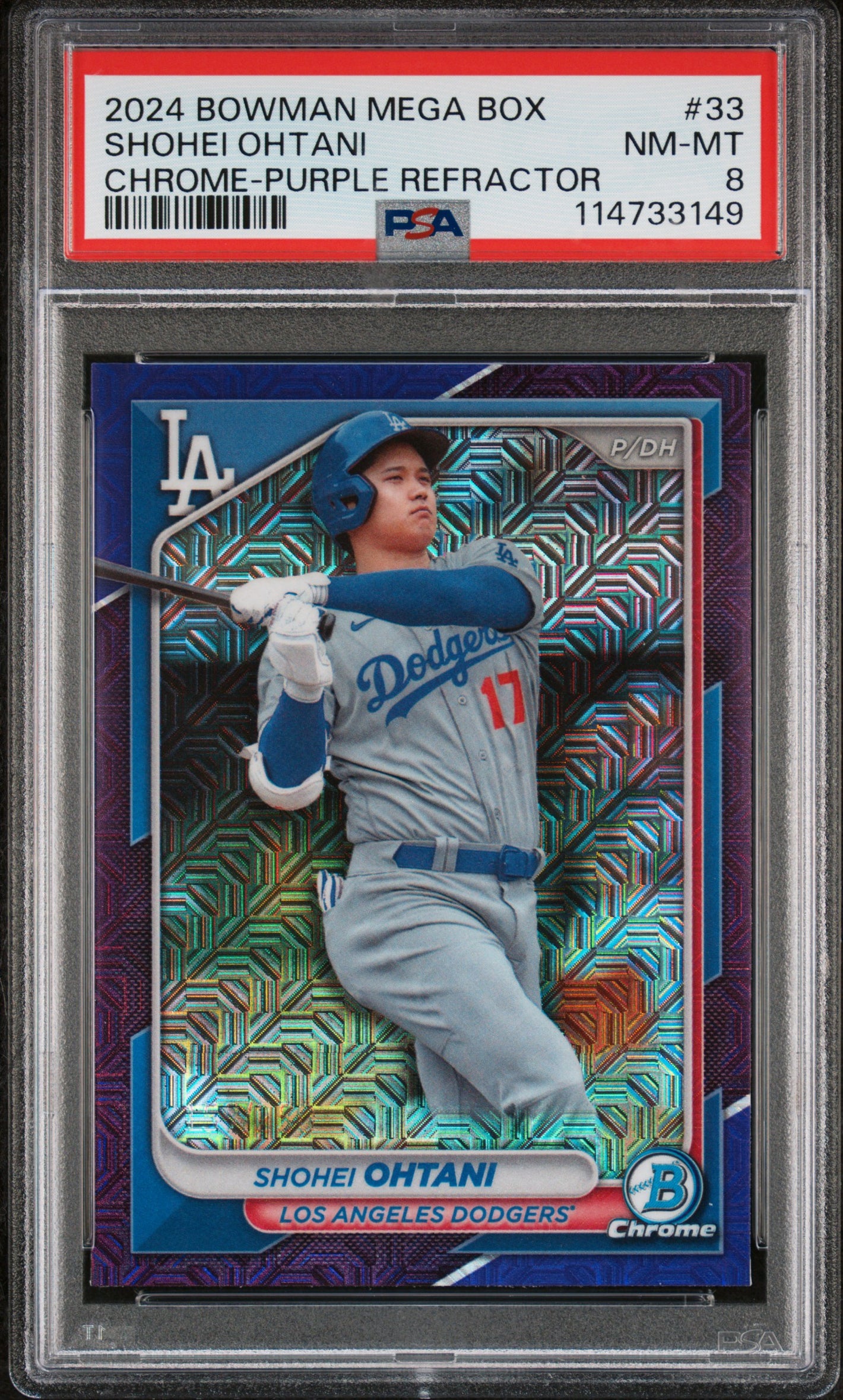 2024 Bowman Mega #33 Shohei Ohtani Chrome Purple Mojo Refractors #/250 PSA 8
