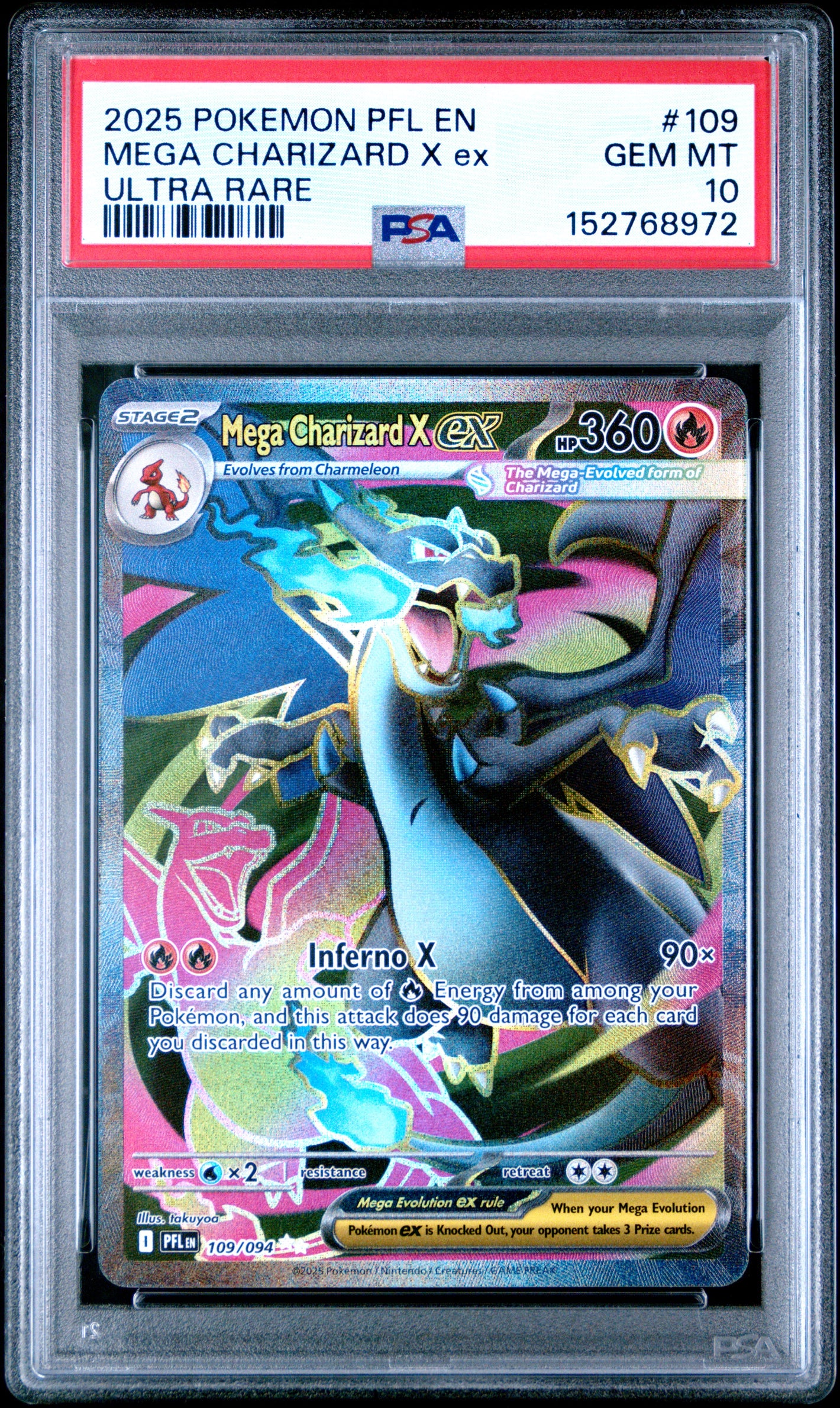 2025 Pokemon ME02: Phantasmal Flames #109 Mega Charizard X ex Ultra Rare PSA 10