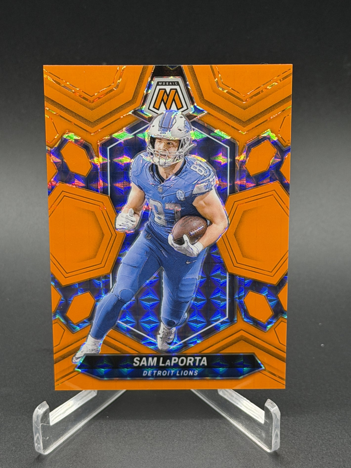 2024 Panini Mosaic #75 Sam LaPorta Mosaic Orange Fluorescent #/25