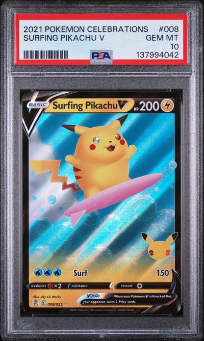 2021 Pokemon Celebrations #008 Surfing Pikachu V PSA 10 (042)