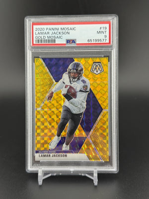 2020 Panini Mosaic #19 Lamar Jackson Prizm Gold Mosaic #/17 PSA 9