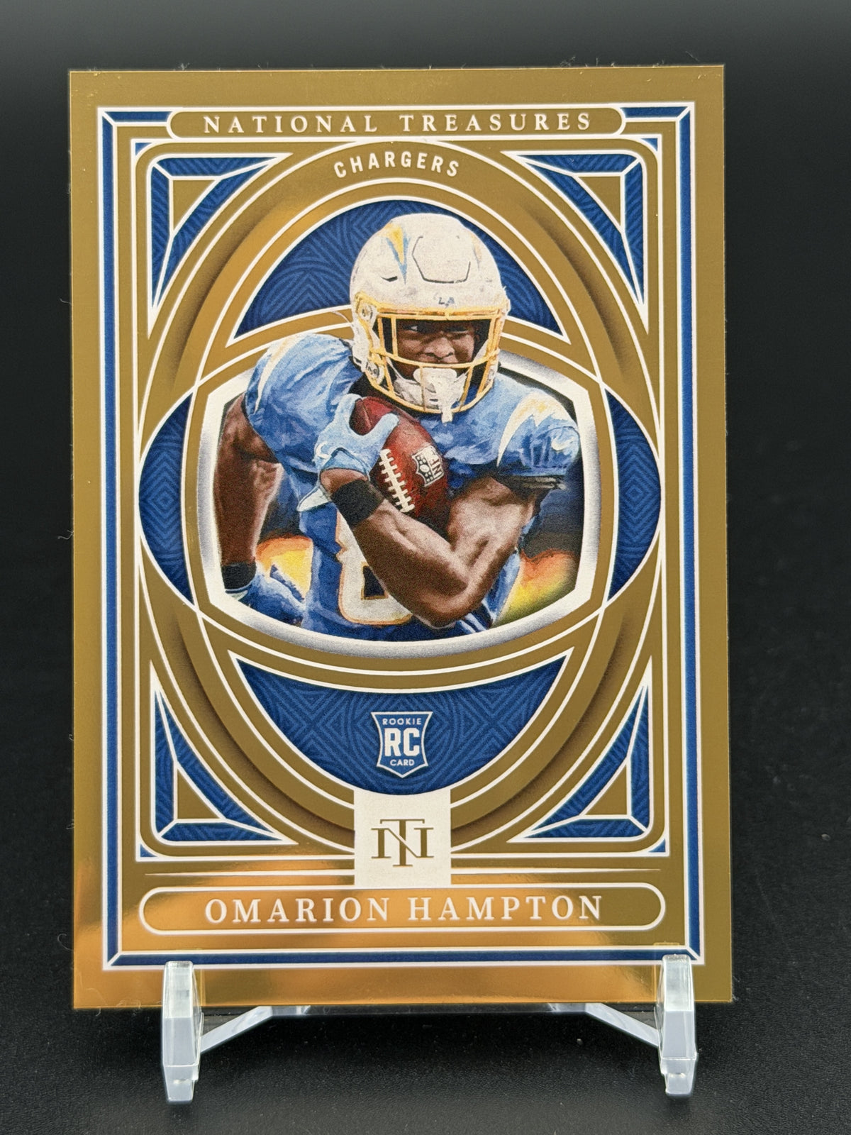 2025 Panini National Treasures #10 Omarion Hampton Treasure Hunt Gold #/10