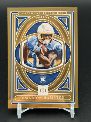 2025 Panini National Treasures #10 Omarion Hampton Treasure Hunt Gold #/10