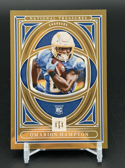 2025 Panini National Treasures #10 Omarion Hampton Treasure Hunt Gold #/10