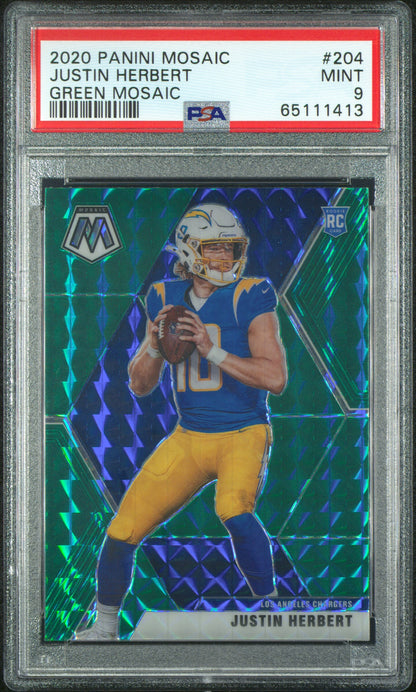 2020 Panini Mosaic #204 Justin Herbert Prizm Green PSA 9