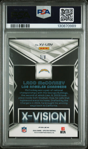 2024 Panini Spectra #XV-LMY Ladd McConkey X-Vision Splatter Neon #/8 PSA 9