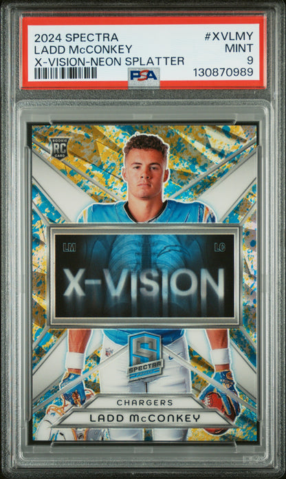 2024 Panini Spectra #XV-LMY Ladd McConkey X-Vision Splatter Neon #/8 PSA 9