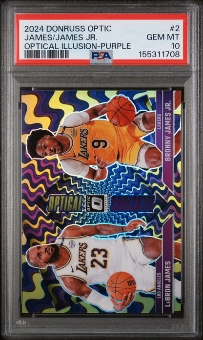 2024 Donruss Optic #2 Bronny Jr. / LeBron James Optical Illusions Purple PSA 10
