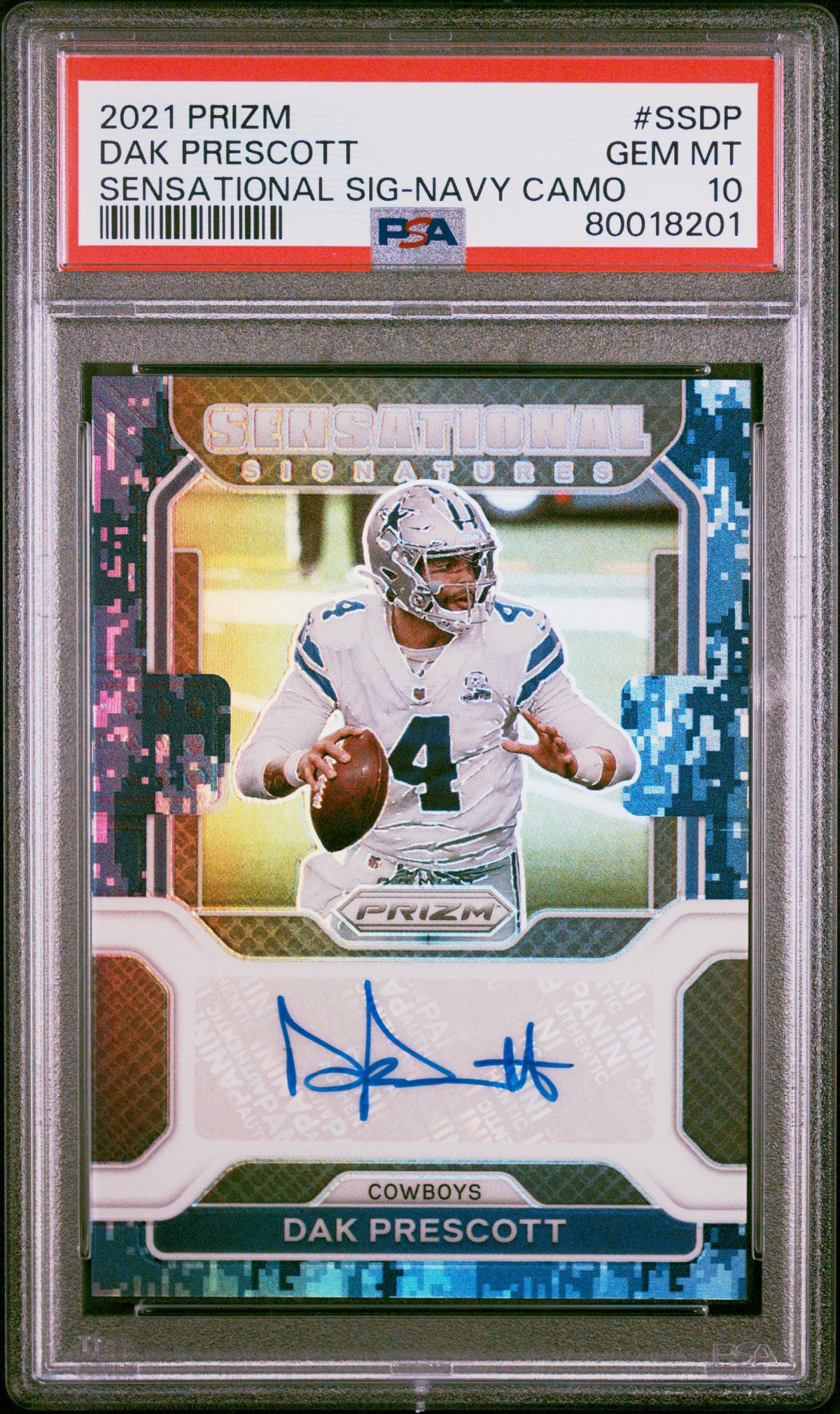 2021 Panini Prizm Dak Prescott Sensational Signatures Navy Camo /25 PSA 10