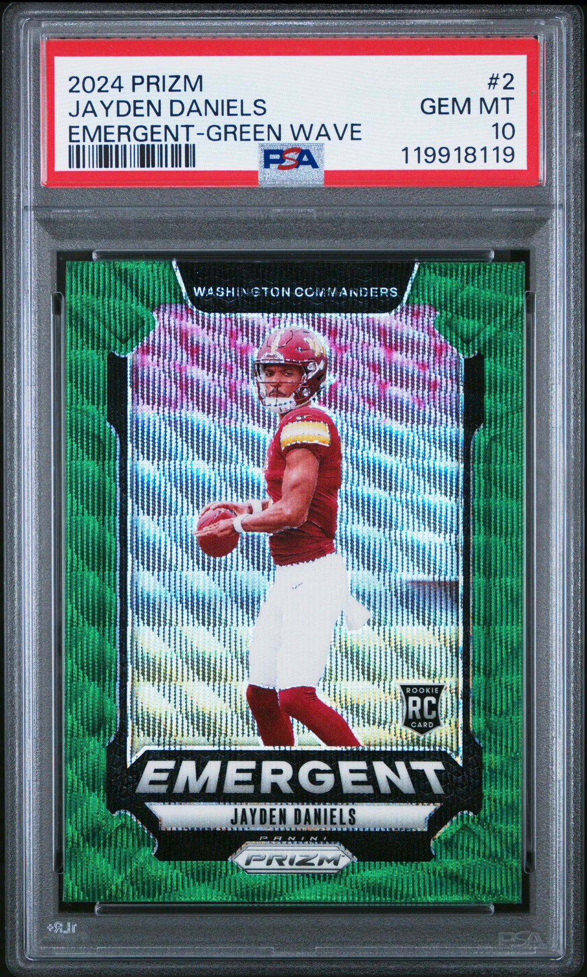 2024 Panini Prizm #2 Jayden Daniels Rookie RC Emergent Green Wave Prizm PSA 10