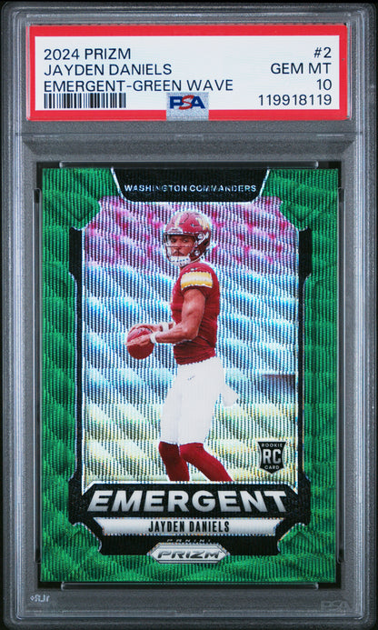 2024 Panini Prizm #2 Jayden Daniels Rookie RC Emergent Green Wave Prizm PSA 10