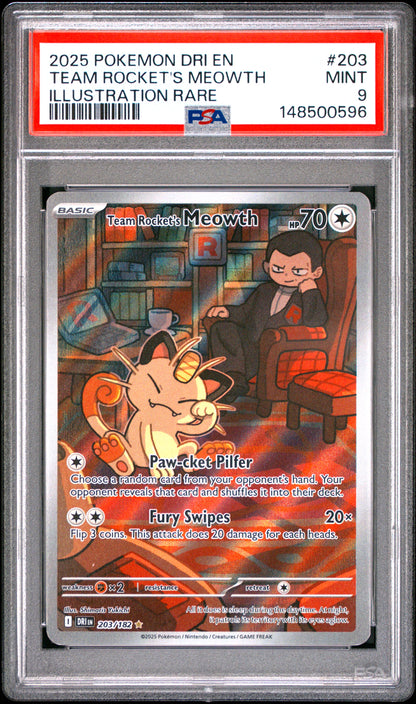 2025 Pokemon Destined Rivals #203 Team Rocket'S Meowth Illustration Rare PSA 9