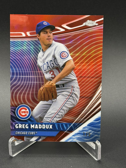 2026 Topps Chrome #RVA-23 Greg Maddux Chrome Rivals Away Red Refractors #/5