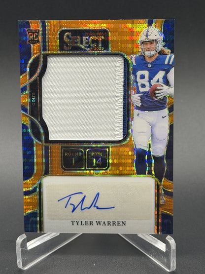 2025 Select Tyler Warren Rookie Patch Auto Neon Orange Pulsar Prizm /45