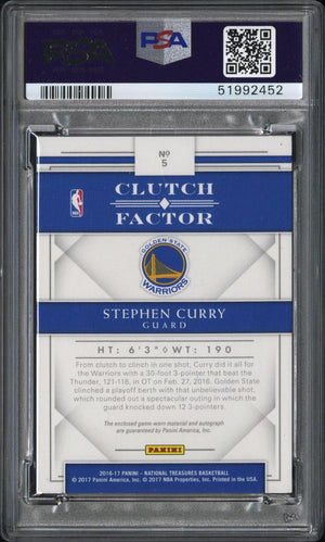 2016 National Treasures #5 Stephen Curry Clutch Factor GU Jersey Auto /49 PSA 8