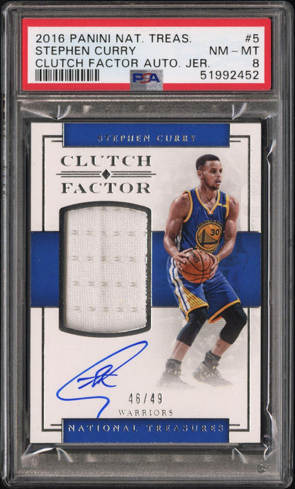 2016 National Treasures #5 Stephen Curry Clutch Factor GU Jersey Auto /49 PSA 8