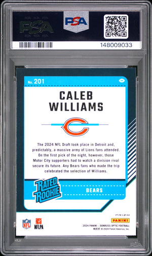 2024 Donruss Optic #201 Caleb Williams Rated Rookie Purple Shock PSA 9