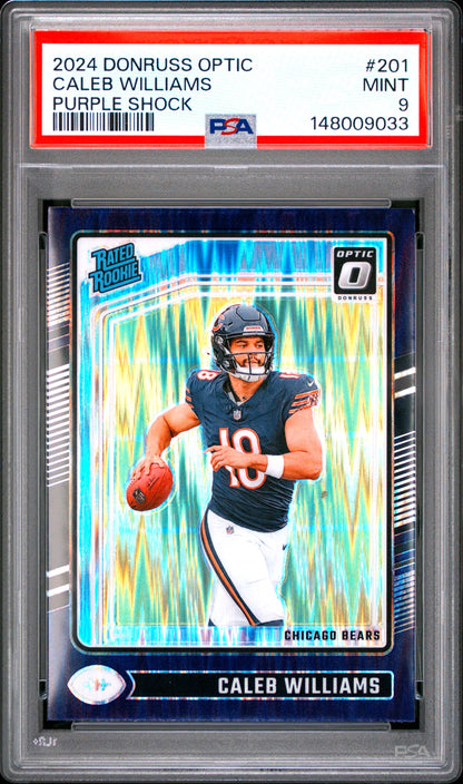 2024 Donruss Optic #201 Caleb Williams Rated Rookie Purple Shock PSA 9