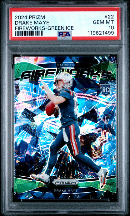 2024 Panini Prizm #22 Drake Maye Rookie RC Fireworks Green Ice Prizm PSA 10