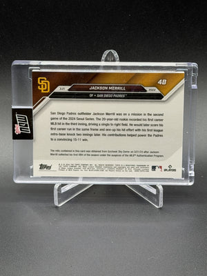 2024 Topps Now #4B Jackson Merrill Rookie Game-Used Base Relic 1st Hit Black /99