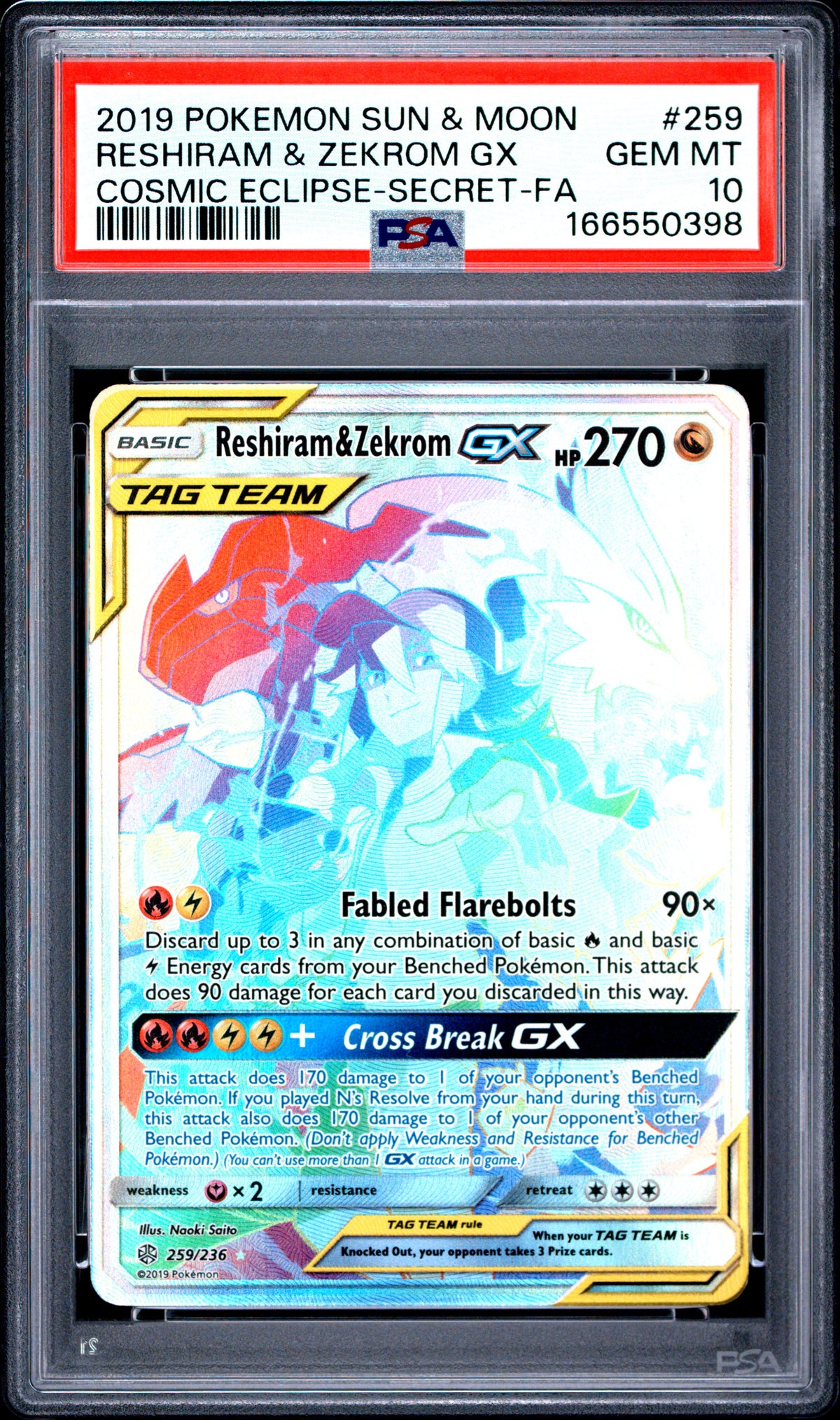 2019 Pokemon SM - Cosmic Eclipse #259/236 Reshiram & Zekrom GX (Secret) PSA 10