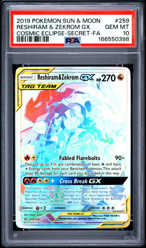 2019 Pokemon SM - Cosmic Eclipse #259/236 Reshiram & Zekrom GX (Secret) PSA 10