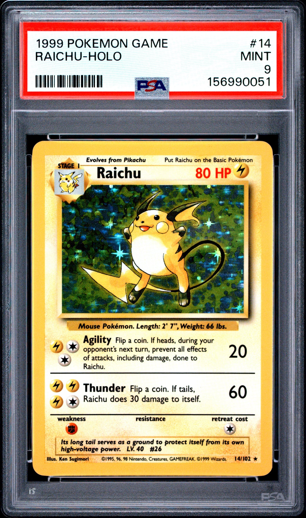 1999 Pokemon Base Set Unlimited #14 Raichu Holo PSA 9