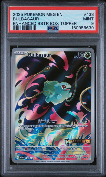 2025 Pokemon Mega Evolution #133 Bulbasaur Enhanced Box Topper Stamped PSA 9