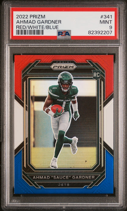 2022 Panini Prizm #341 Ahmad "Sauce" Gardner Rookie RC Red White and Blue PSA 9