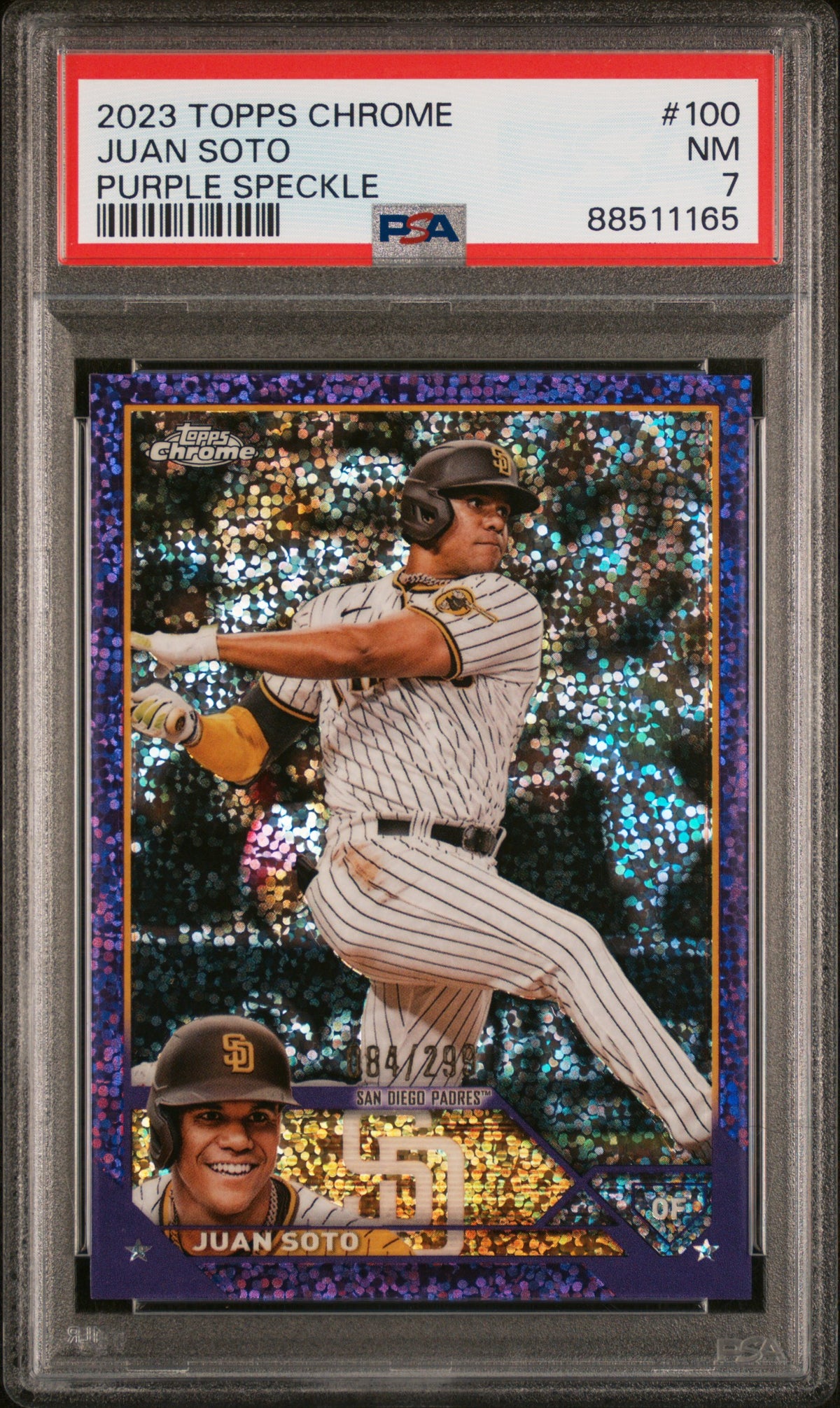 2023 Topps Chrome #100 Juan Soto Purple Speckle Refractor #/299 PSA 7