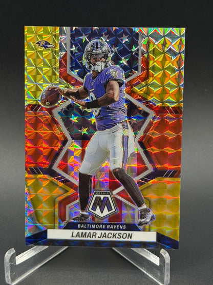 2022 Panini Mosaic #259 Lamar Jackson Mosaic Choice Fusion Red and Yellow #/80
