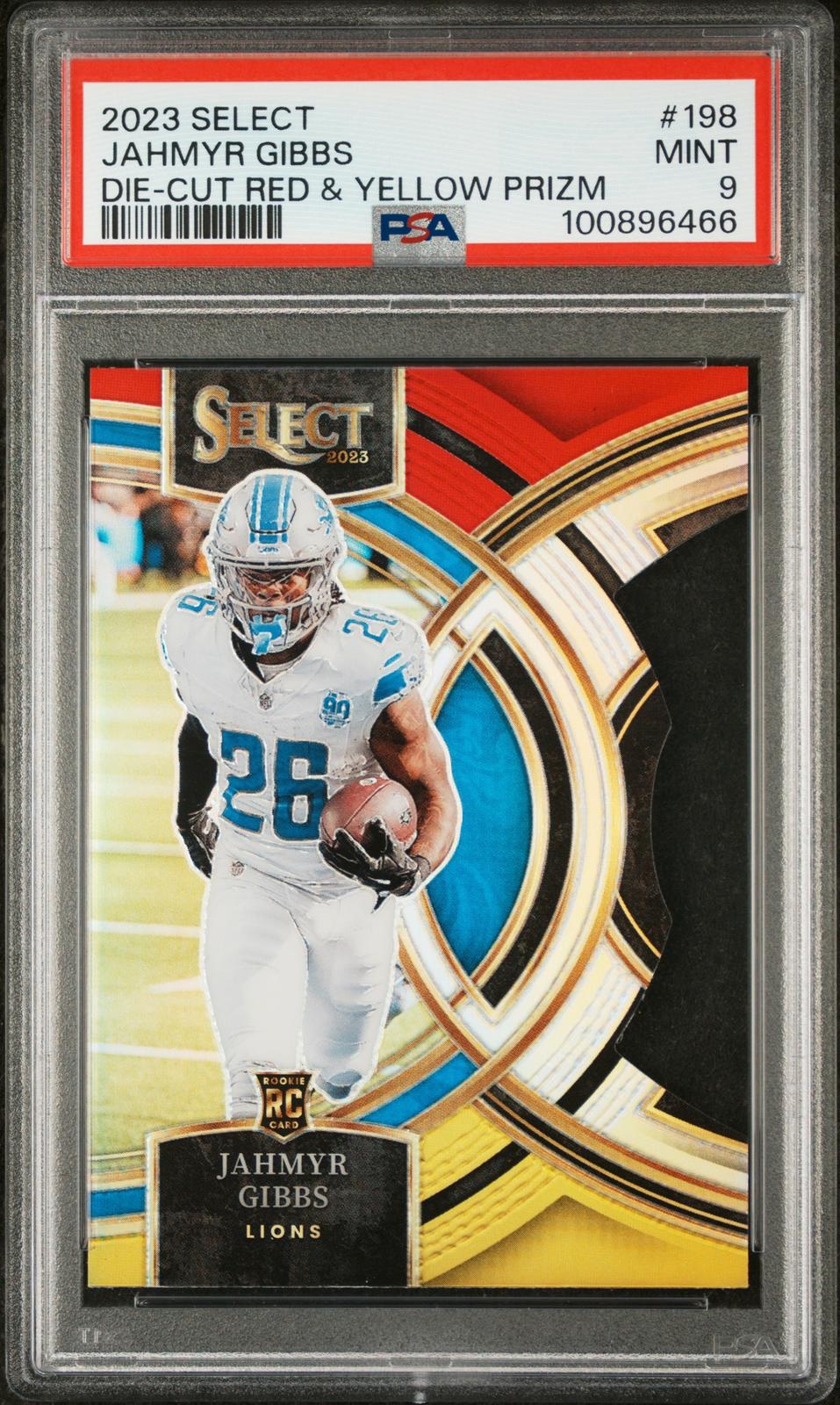 2023 Panini Select #198 Jahmyr Gibbs Red and Yellow Prizm Die Cut PSA 9