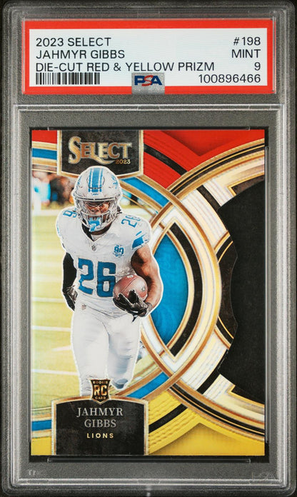 2023 Panini Select #198 Jahmyr Gibbs Red and Yellow Prizm Die Cut PSA 9
