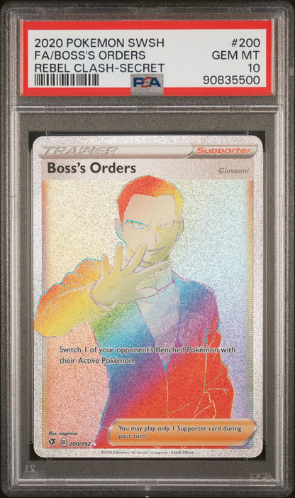 2020 Pokemon Sword & Shield Rebel Clash #200 Boss'S Orders FA Secret Rare PSA 10