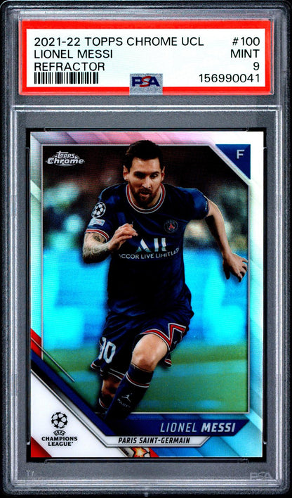 2021-22 Topps Chrome UEFA Champions League #100 Lionel Messi Refractor PSA 9