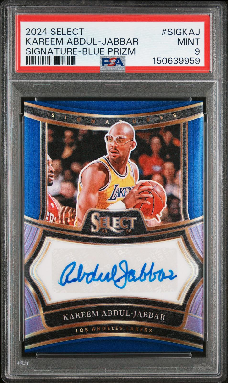 2024-25 Panini Select Kareem Abdul-Jabbar Blue Prizm autograph /49 card graded PSA 9
