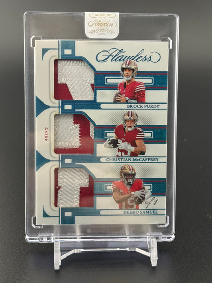 2023 Flawless Brock Purdy / McCaffrey / Deebo Triple Patch Platinum 1/1 PC