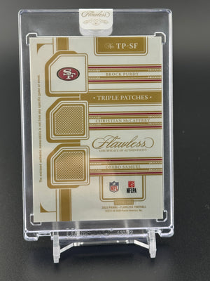 2023 Flawless Brock Purdy / McCaffrey / Deebo Triple Patch Platinum 1/1 PC
