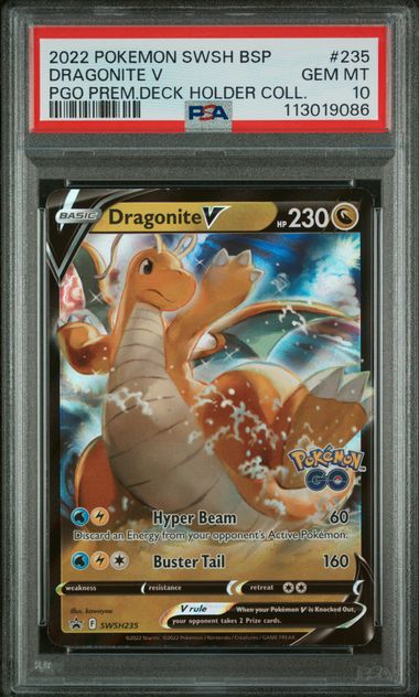 2022 POKEMON SWSH BLACK STAR PROMO #235 DRAGONITE V PGO PREM.DECK HOLDER COLL. PSA 10
