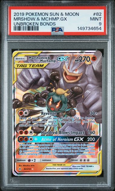 2019 POKEMON SUN & MOON UNBROKEN BONDS #82 MRSHDW.& MCHMP.GX UNBROKEN BONDS PSA 9